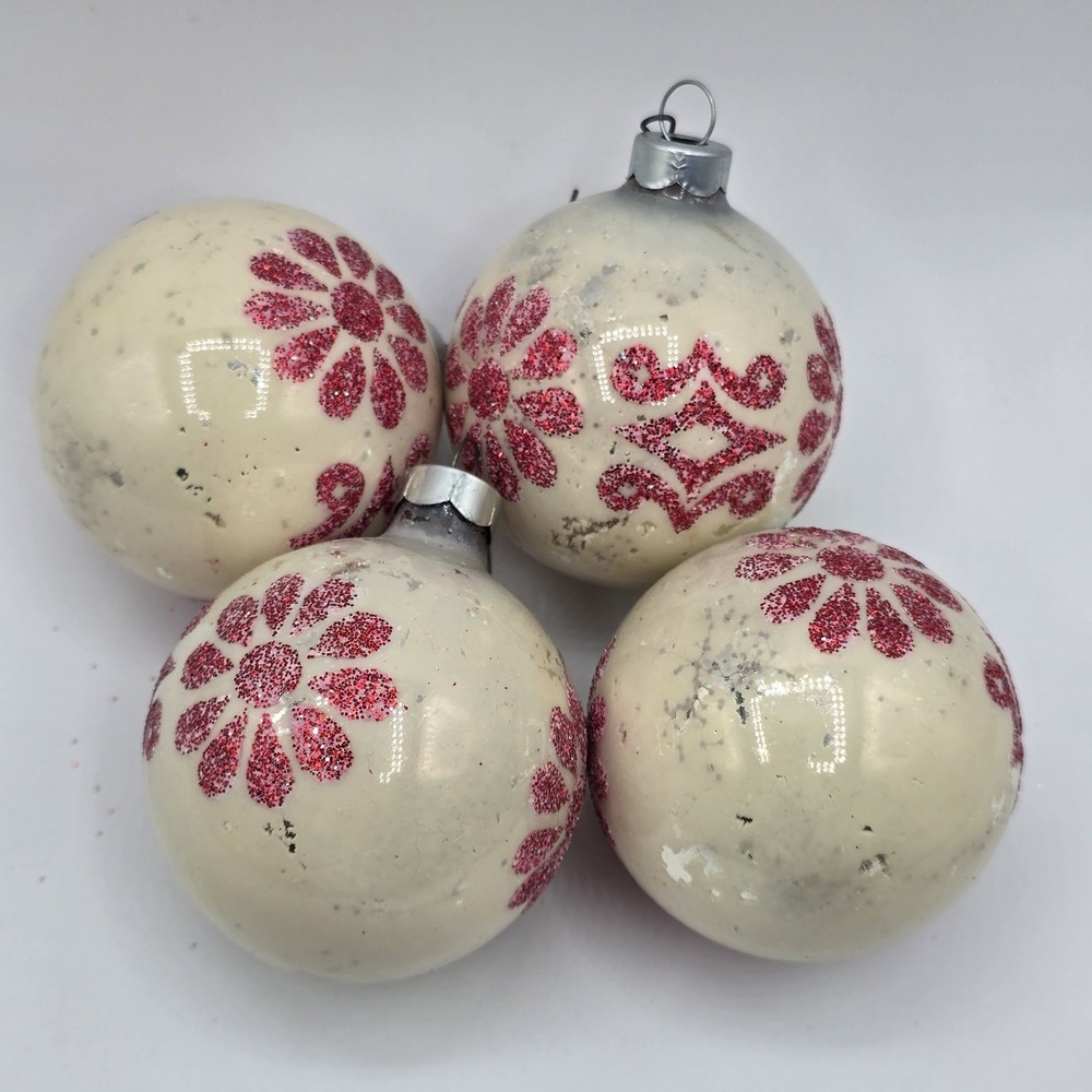 4 Vintage Shiny Brite White Ball Pink‎ Glitter Christmas Ornament USA 2.25"
